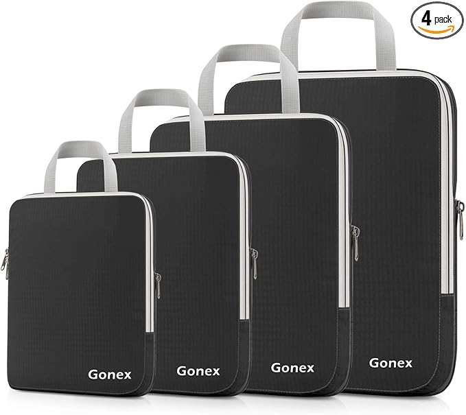 Gonex Compression Packing Cubes, 4pcs Expandable Storage Travel Luggage Bags Organizers(Black)