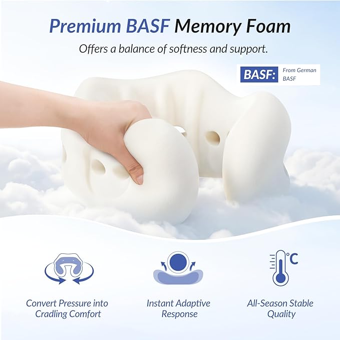 ZIKEE Dual-Layer Memory Foam Neck Pillow for Airplane, Travel Pillow with Seat Straps to Secure Head & Neck, Ergonomic Ear-Friendly Neck Pillow for Traveling with Breathable Vent Holes, Airy Cover