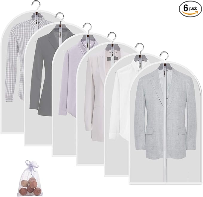 MsKitchen 6 Pack Garment Bags for Hanging Clothes (24x40") - Dustproof Suit Bags for Closet Storage - Durable PEVA Covers with Sturdy Zipper for Coats, Jackets & Dresses (Translucent)