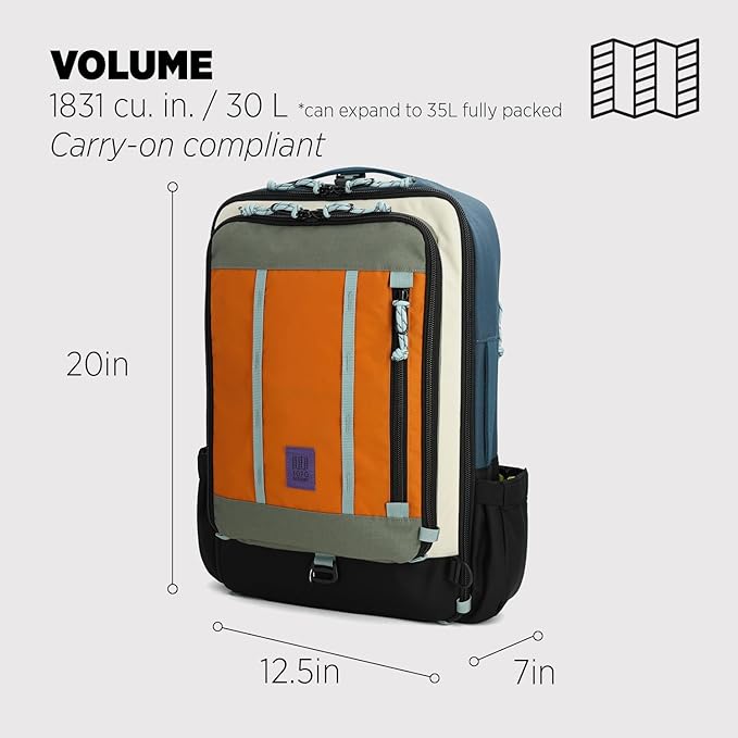 Topo Designs Global Travel Bag – 30L or 40L - Carry-On Compliant Most Airlines, Durable Travel Duffel Bag, Clam Shell Main Pocket, Laptop Sleeve, Backpack, Luggage (30L / Pond Blue/Spice)