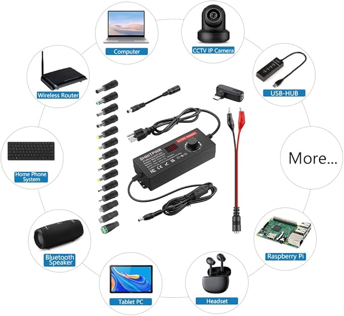 SHNITPWR 120W Universal Power Supply Adapter DC 3.5V~24V 5A Adjustable AC/DC Adapter with USB C Charger PD 100W 100V-240V AC to DC Converter Variable Power Supply,14 Tips,Alligator Clips Power Cable