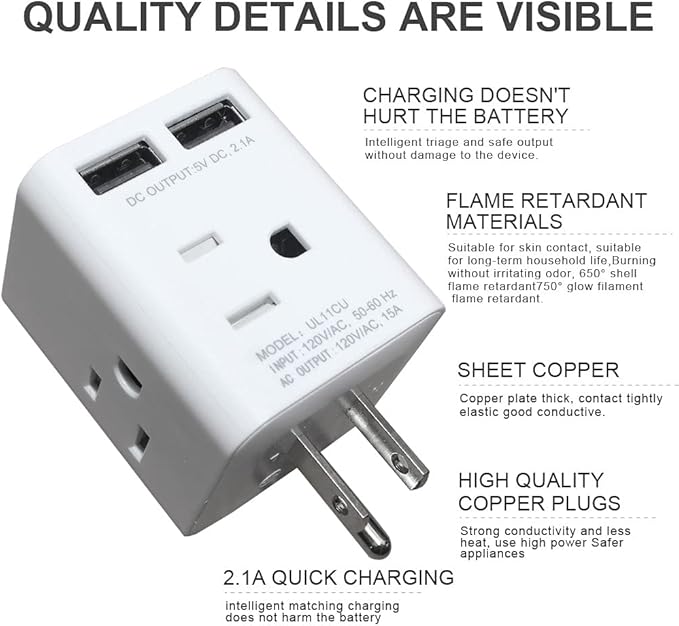Multi Plug Outlet Extender, Vsanstar 3 Prong Wall Tap 4 Way AC Electrical Outlets Power Strip, Power Plug Splitter Grounded to USA Adapter for Home Office, Kitchen (USA Plug Outlet with USB)