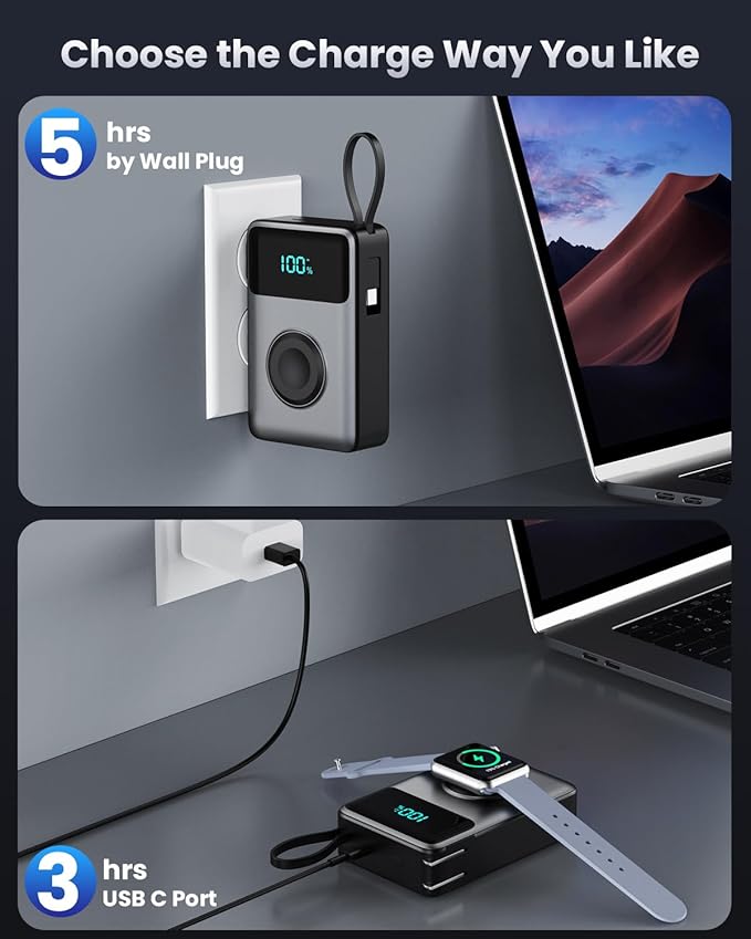 4-in-1 Portable Charger With Built-in Wall Plug&USB-C Cables,10800mAh Power Bank with iWatch Charger,QC4.0+PD 25W Fast Charging Battery Pack,Travel Essentials for iPhone 17/16,Apple Watch,Android etc