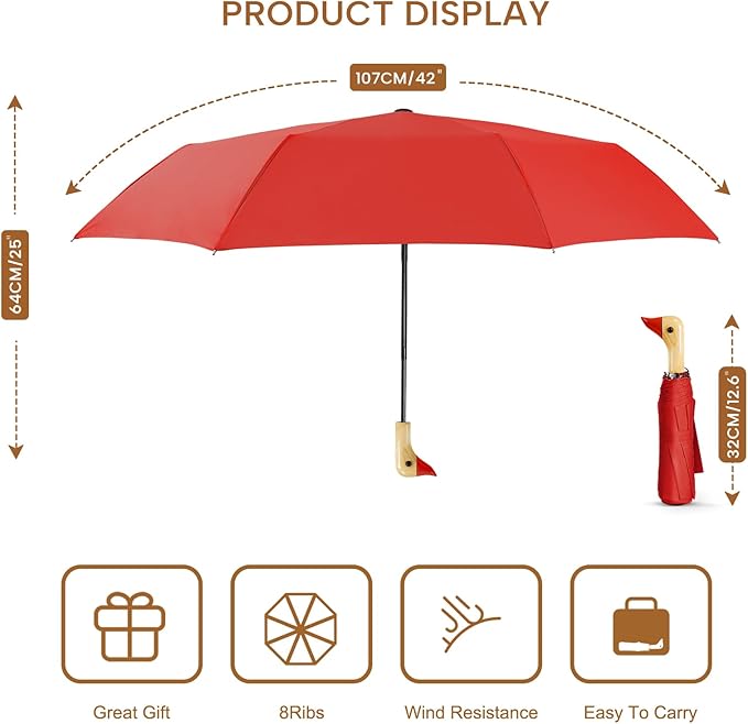 Compact Small Umbrellas for Rain&Sun, Cute Design Duck Head Umbrella for Girls Gifts, 8 Ribs Folding Umbrella with Wooden Handle