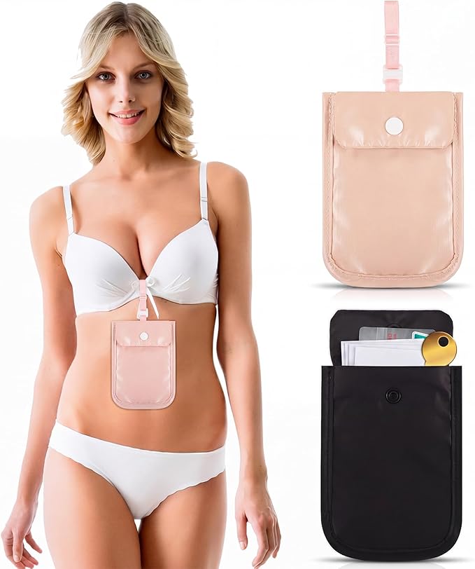 2 Pieces Travel Bra Wallet for Women Hidden Bra Wallet Pickpocket Proof Under Clothes Money Belt Pouch Secret for Passport Money Valuables(5.7 x 4.6 Inch,Black, Pink)