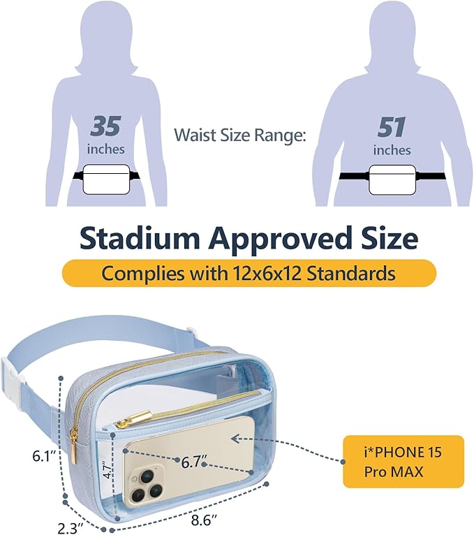Packism Clear Fanny Pack for Women Stadium Approved - Quilted Clear Belt Bag, Adjustable Strap Fits 35-51 Inches, Transparent Waist Bag for Sports Concerts Festivals, Dusty Blue