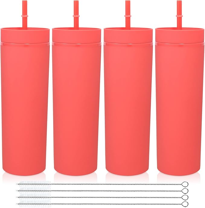 Volhoply 20oz Plastic Skinny Tumblers Bulk 4 Pack,Double Wall Tumbler with Lid and Straw,Reusable Travel Iced Coffee Mug,BPA Free Matte Acrylic Water Cups With Straw for Party,DIY Gifts(Red, 4 Set)