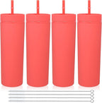 Volhoply 20oz Plastic Skinny Tumblers Bulk 4 Pack,Double Wall Tumbler with Lid and Straw,Reusable Travel Iced Coffee Mug,BPA Free Matte Acrylic Water Cups With Straw for Party,DIY Gifts(Red, 4 Set)