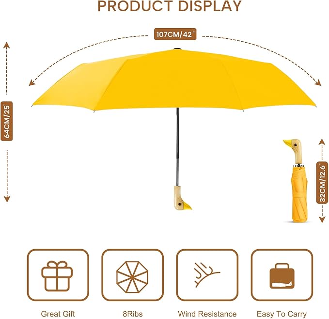 Compact Small Umbrellas for Rain&Sun, Cute Design Duck Head Umbrella for Girls Gifts, 8 Ribs Folding Umbrella with Wooden Handle