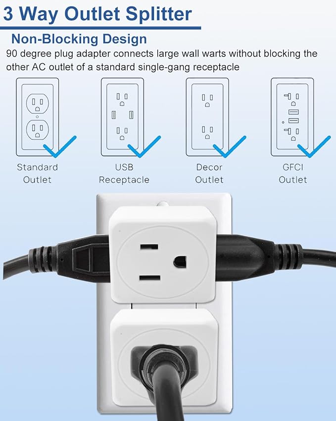 3 Plug Outlet Splitter Adapter 3 Pack - Small Multi Plug Wall Outlet Extender - 3 Way Plug Extension Adapter for Cruise Ship, Home Office, Dorm Room, Travel Essentials, Easy to Install,White