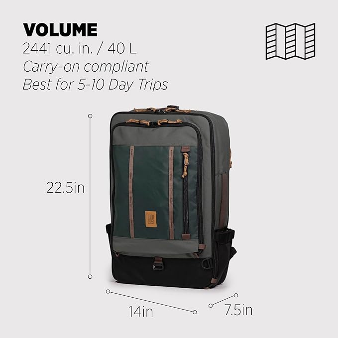 Topo Designs Global Travel Bag – 30L or 40L - Carry-On Compliant Most Airlines, Durable Travel Duffel Bag, Clam Shell Main Pocket, Laptop Sleeve, Backpack, Luggage (40L / Woodland/Forest)