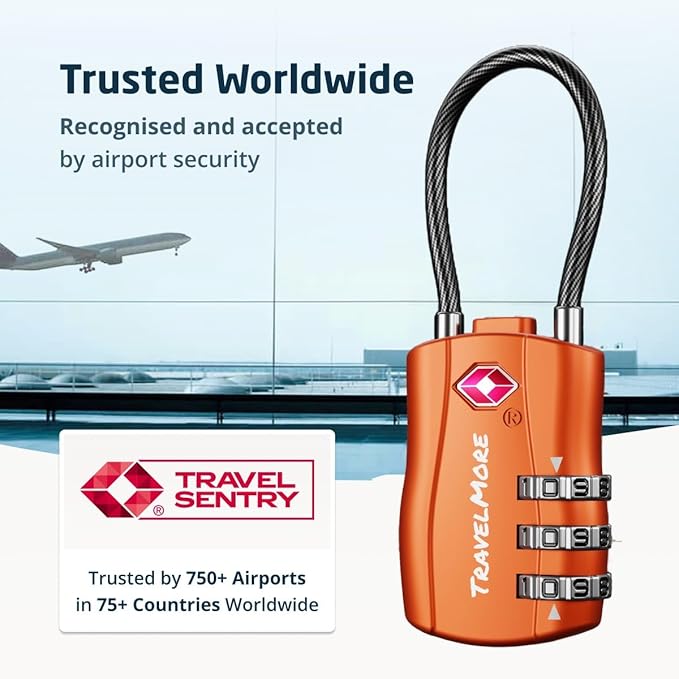 2 Pack TSA Approved Travel Combination Cable Luggage Locks for Suitcases & Backpacks - Orange