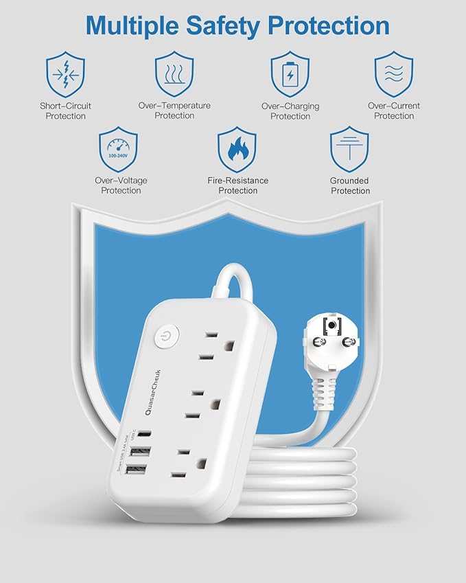 Type E F Plug Adapter, Germany France Travel Plug Adapter with 3 Outlets 3 USB Ports，Schuko Plug Power Adaptor for US to Europe EU Spain Iceland Korea Greece Norway Russia German French, 4ft