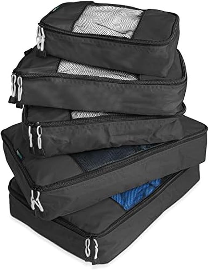 TravelWise 5 Piece Packing Cube Set, Durable Lightweight Luggage Organizer System with Small, Medium and Large Cubes for Travel, Weekender and Carry On Use, Black