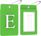 Gostwo 2 Pack Luggage Tags for Suitcases, 26 Initial Letter Travel Luggage Baggage Identification Labels ID Tag Fully Bendable Tags with Stainless Steel Loop (Green) (Letter E)