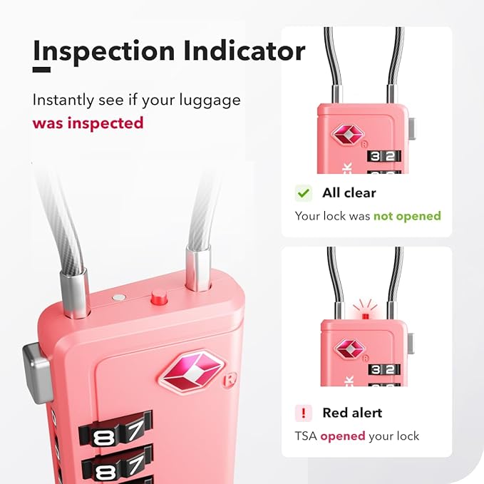 Luggage Locks TSA Approved with Inspection Indicator and Resettable 4-Digit, Easy-to-Read Combination, TSA Locks for Luggage, Suitcases, Backpacks & Travel Bags, Pink, 2-Pack