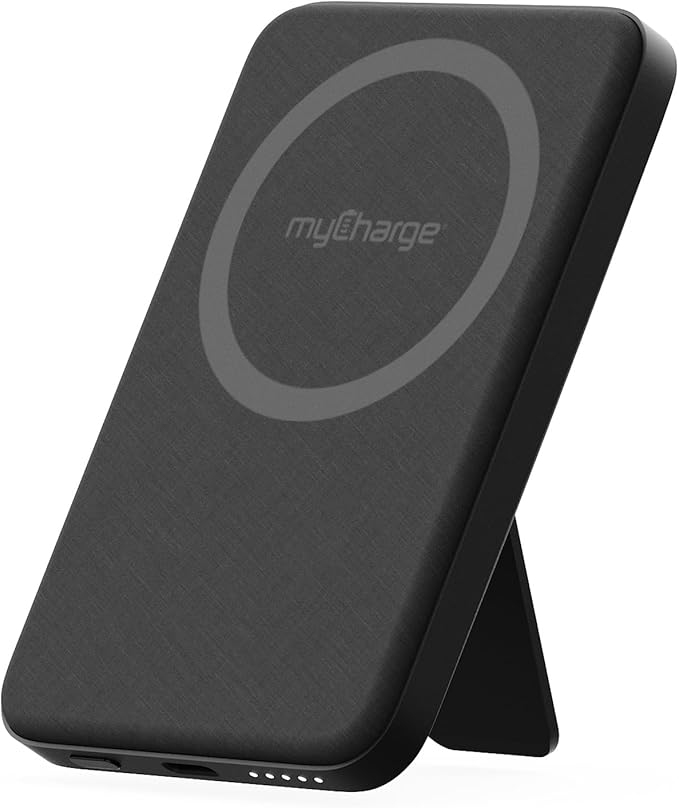 myCharge CliqLuxe Magnetic Wireless Power Bank 5,000mAh | iPhone & MagSafe Compatible | Qi2.2 25W Mag Safe Portable Charger | Built-in Stand | 20W PD USB-C Port | Premium Black Fabric