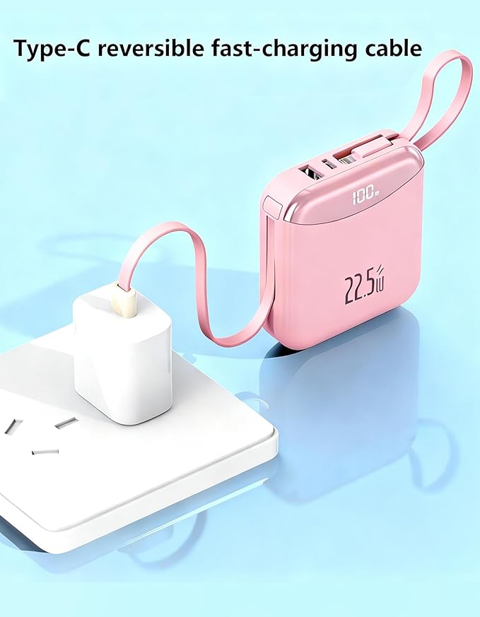 10000mAh Portable Charger with Built-in USB-C & Light-ning Cables, 22.5W Fast Charging Power Bank, Travel Battery Pack with LED Display for iPhone Samsung Android – Flight Approved