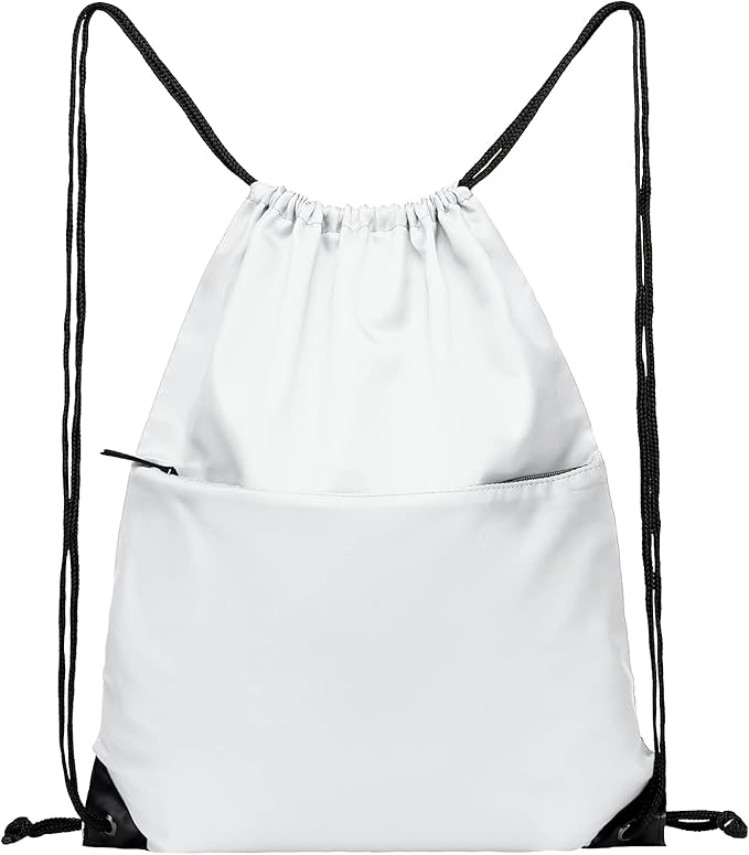 Drawstring Backpack Sports Water Resistant String Bag Sport Gym Sackpack for Women Men Large with Zipper, White