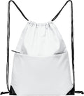 Drawstring Backpack Sports Water Resistant String Bag Sport Gym Sackpack for Women Men Large with Zipper, White