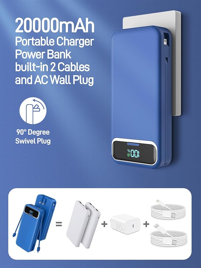 Portable Charger, 20000mAh 22.5W Fast Charging Power Bank with Built-in Cables & Wall Plug, Travel Essential External Battery Pack with LED Display, USB C Battery Phone Charger for iPhone Samsung Navy