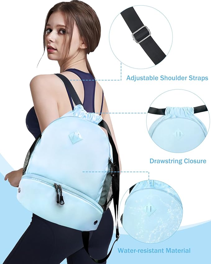 RHDZO Drawstring Backpack Gym Backpack with Shoe Compartment for Men Women String Sports Bag with Wet Pocket Cinch Swim Beach Bag, Large Blue