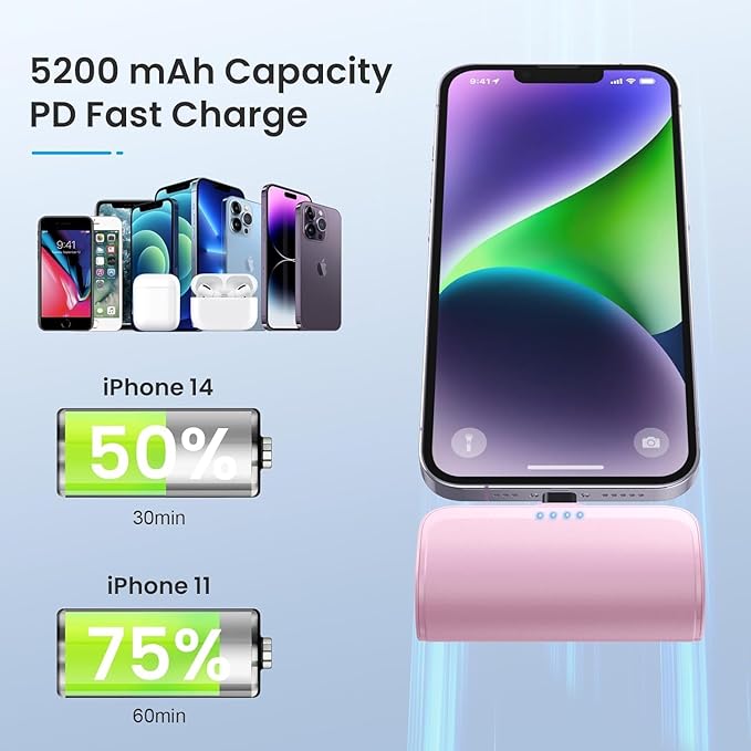 [2 Pack]Mini Portable Charger for iPhone,5200mAh Ultra-Compact Fast Charging Power Bank Cordless Cute Small Battery Pack Compatible with iPhone 14/14 Pro Max/13/12/11/XR/8/7/6(Pink+Light Green)
