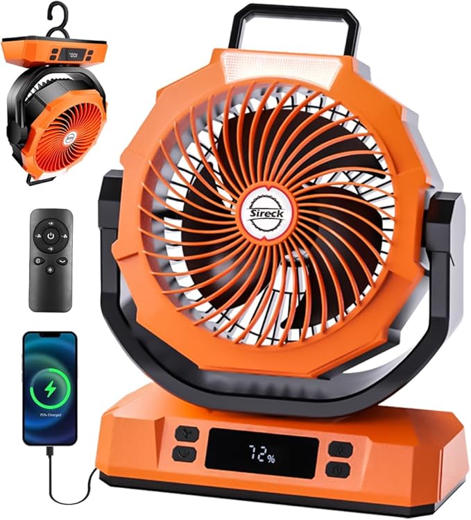 Sireck Camping Fan Rechargeable Portable Fan 12-Inch, 40000mAh Battery Powered Fan with LED Light, Digital Display, Timer, 6 Wind Speeds Cordless USB Desk Fan for Tent, Travel (Orange)