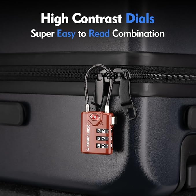 SURE LOCK TSA Approved Combination Luggage Locks with Open Alert Indicator – Durable Zinc Alloy Cable Travel Locks with Large Easy-Read Dials for Suitcases, Backpacks & Gym Bags