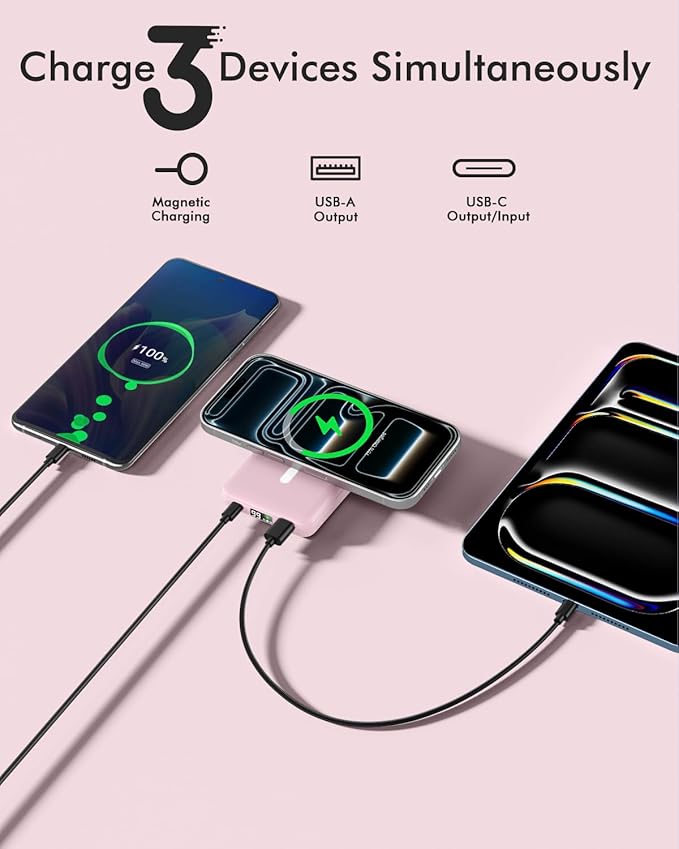 podoru for Magsafe Power Bank, 10000mAh Magnetic Portable Charger with 22.5W PD Fast Charging USB-C Cable LED Display Wireless Battery Pack for iPhone 17/16/15/14/13/12 Series-Pink