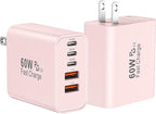 USB C Fast Wall Charger Block, 2Pack 60W USBC Charging Cubes, 5-Port PD+QC Power Adapter Multiport Brick Type C Box Plug for Phone 16/15/14/13/12/11/Pro Max/Plus, Pad Mini/Pro/S25/S24-Pink