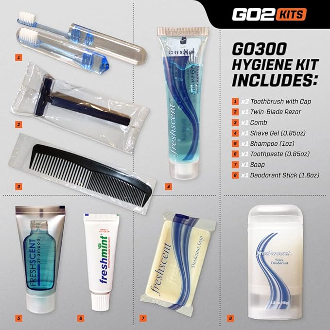 Travel Toiletry Kit, Hygiene Kit with Shaving Supplies for Travel, Business & Charity with Reusable Toothbrush, Bath Soap & Other Essential Toiletries, 1-Pack (GO300)