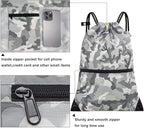 draw string back bag, Large Gym Sports string backpack for men and women with front zipper pocket and inside zipper pocket to keep key or phone (Grey camo)