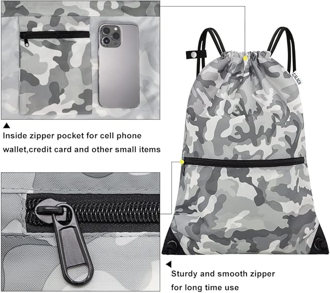 draw string back bag, Large Gym Sports string backpack for men and women with front zipper pocket and inside zipper pocket to keep key or phone (Grey camo)