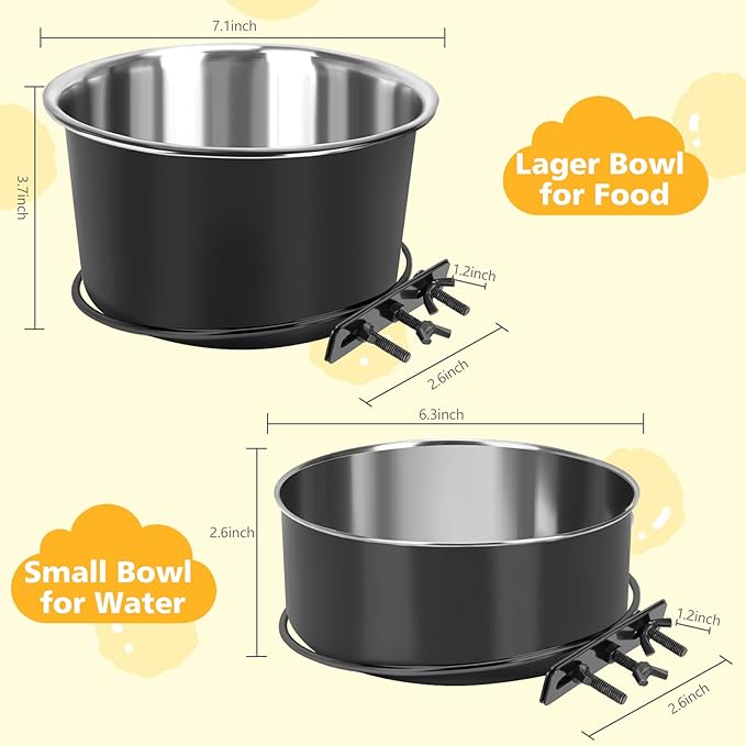 Large Dog Crate Water Bowl No Spill, 2 Pack Stainless Steel Dog Bowls for Food and Water, Pet Kennel Hanging Dogs Food Bowls for Medium/Large Dogs and Cats (7.1"x3.7" & 6.3"*2.6", Black)