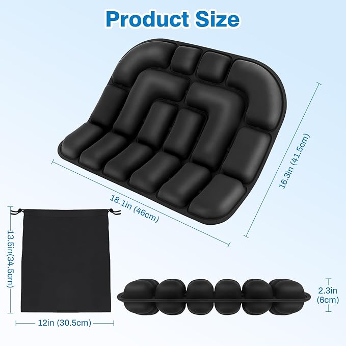 Seat Cushion, Office Chair Cushion with Storage Bag, Travel Seat Cushion for Airplane, Press Type Air Inflatable Airplane Seat Cushions for Plane, Car, Office (Double-Sided Black, Round)