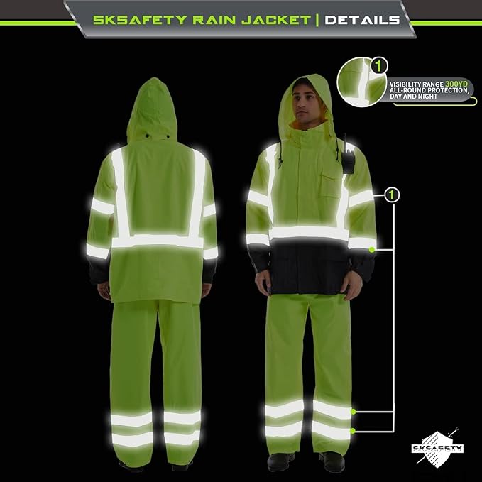 SKSAFETY Hi Vis Safety Rain Jacket for Men, Construction Work Rain Gear Heavy Duty Class 3 Rain Coat Waterproof Lightweight