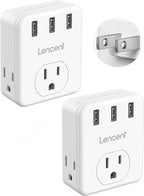 LENCENT 3 Prong to 2 Prong Adapter, 2 Pack, 3 Outlets Extender with 3 USB Ports, Wall Charger, Multi Plug Extender Splitter, Travel Adaptor for US to Japan Philippines-Type A