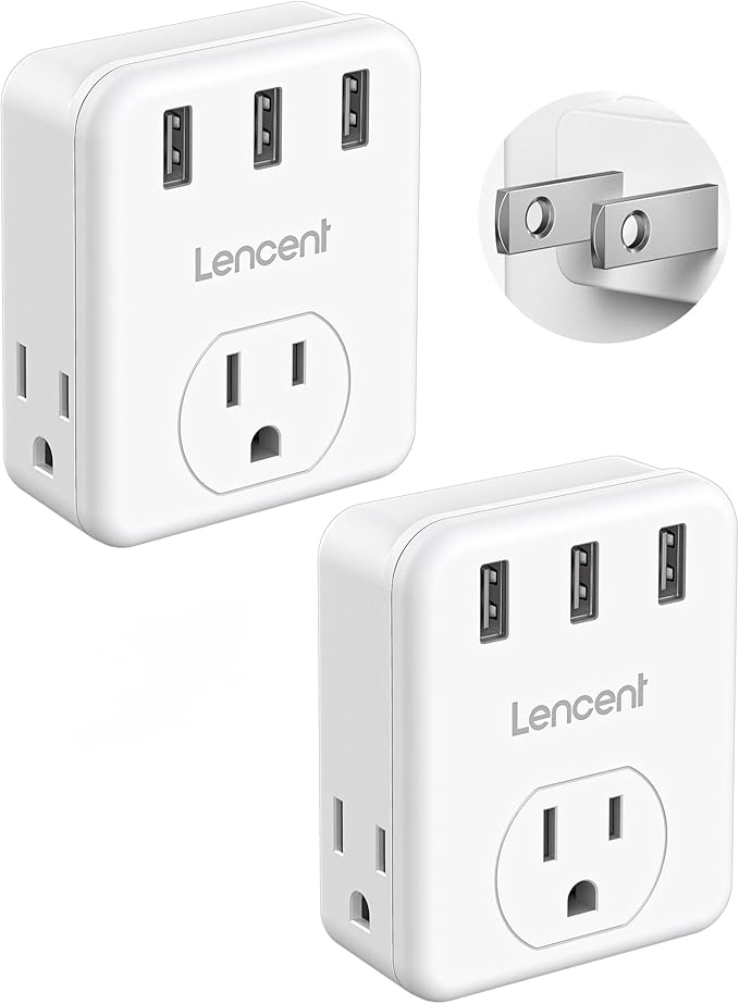 LENCENT 3 Prong to 2 Prong Adapter, 2 Pack, 3 Outlets Extender with 3 USB Ports, Wall Charger, Multi Plug Extender Splitter, Travel Adaptor for US to Japan Philippines-Type A
