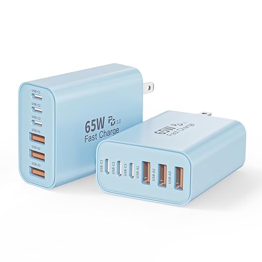 2Pack 65W USB C Charger Block,6-Port USB C Wall Charger Fast Charging,PD Type C Plug Adapter+QC Plug Compatible with Apple iPhone 17 17Air 16E 16Pro Max 16 15 14 13 12 11 XS Max,iPad Pro,AirPods,Blue.