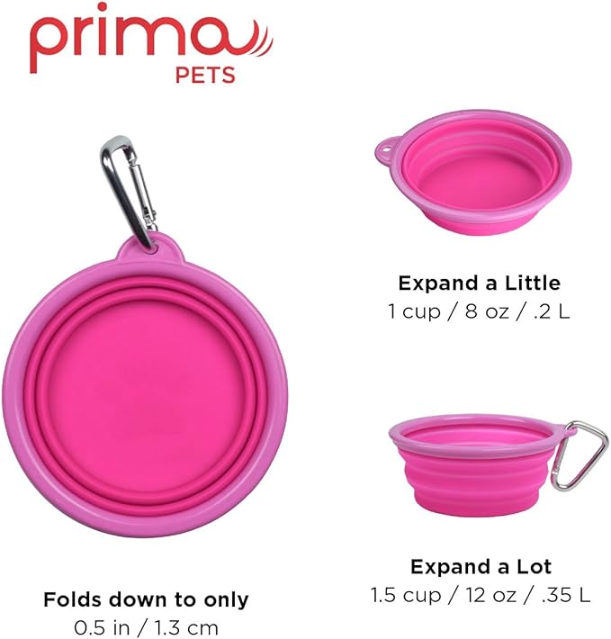 Prima Pet Collapsible Silicone Water Travel Bowl with Clip for Dog and Cat, Portable and Durable Pop-up Feeder for Convenient On-The-go Feeding - Size: Small (1.5 Cups) Pink - 2 Pack