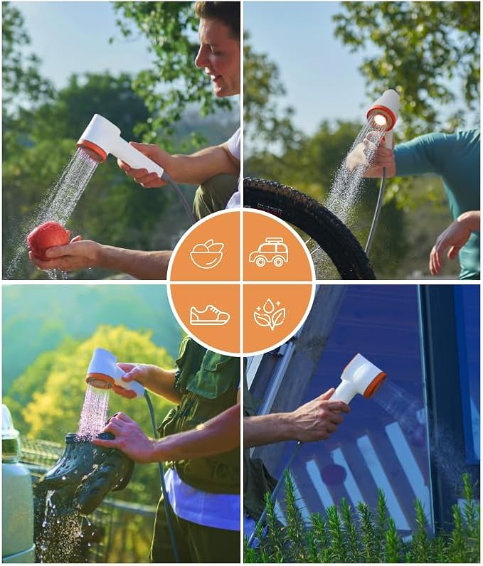 Portable Camping Shower Kit, Rechargeable Pump with Carbon Water Purification, Digital Display, Soft LED Light, Folding Bucket for Outdoor Camping Hiking Pet Bath Car Wash