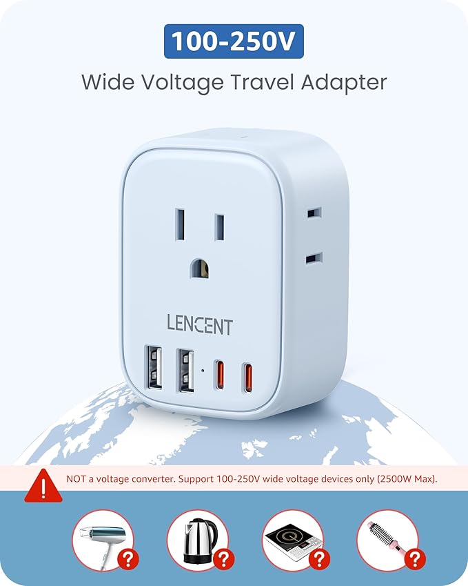 European Travel Plug Adapter, LENCENT US to Europe Type-C Foldable Power Plug with 4 Outlets 4 USB Ports (2 USB C), Power Adaptor for USA to EU Euro Iceland Spain Italy France Germany Greece, Blue