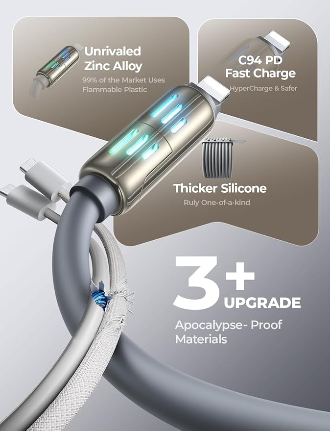 LISEN USB C to Lightning Cable, Chubby Sideways 240W Stand Data Cable, 4 in 1 Charging Cable 6.6FT with Light iPhone Charger Cord for iPhone 17 16 15 14 Pro Max/MacBook Pro/iPad/Samsung S25/Switch/PS5