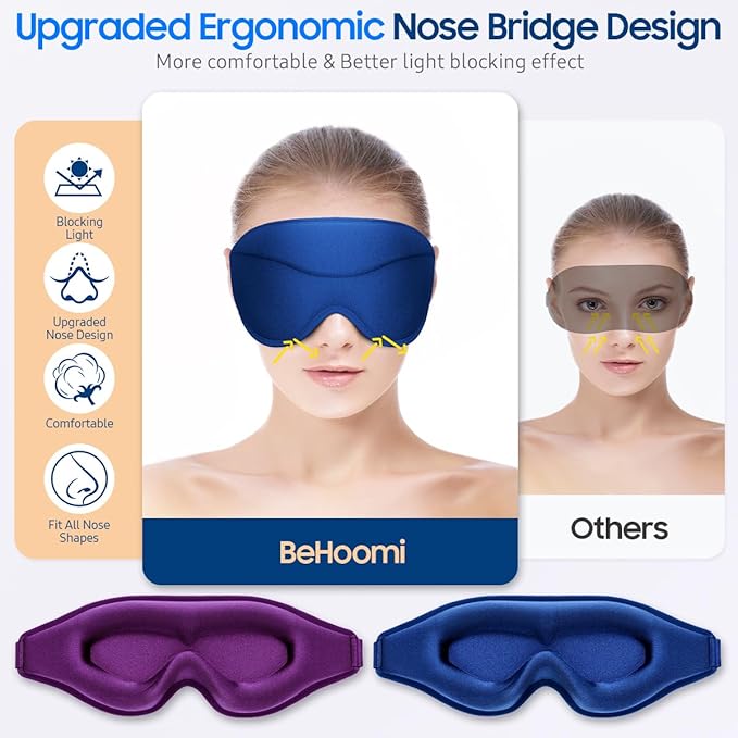 BeHoomi Sleep Mask, 2 Packs Premium Eye Mask for Sleeping, Total Blackout, Superior Soft Comfort, Upgraded 3D Ergonomic Designed Sleeping Mask for Home, Office, Travel, Meditation, Yoga, Blue & Purple