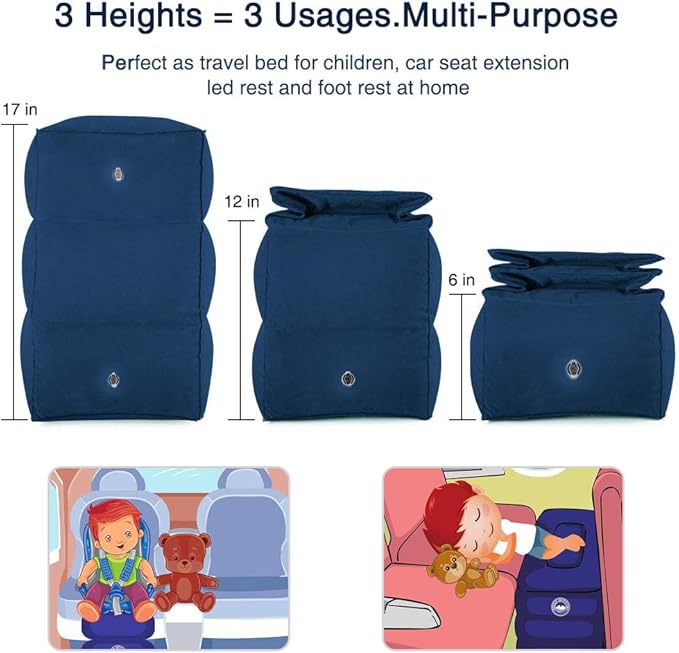 Travel Foot Rest Pillow, Portable Inflatable with Double Hand Pump Adjustable Three Layers Height Pillow for Foot Rest on Airplanes,Cars,Buses,Trains,Office to Sleep on Long Trip