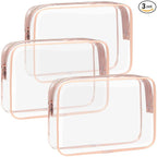 F-color TSA Approved Toiletry Bag 3 Pack Medium - Clear Makeup Bag Travel Quart Size for Women Men, Clear Cosmetic Bag Airport Airline Compliant Carry on Bag, Active Rose Pink