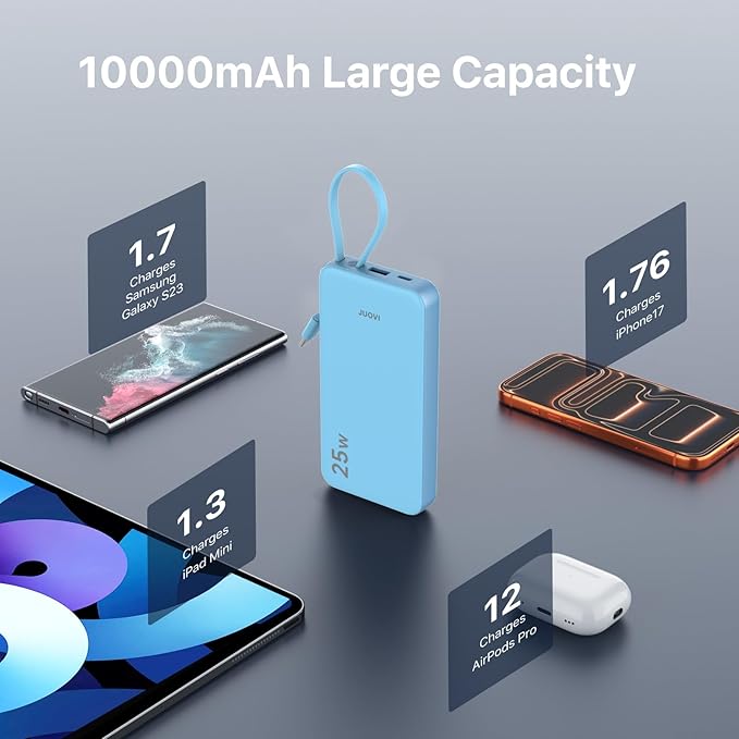 JUOVI 25W Portable Charger, 10000mah Power Bank Fast Charging with Built-in USB-C Cable, Battery Pack with LED Display, Portable Phone Charger for iPhone 17 16 15 14 Samsung S24 S23 iPad Tablets