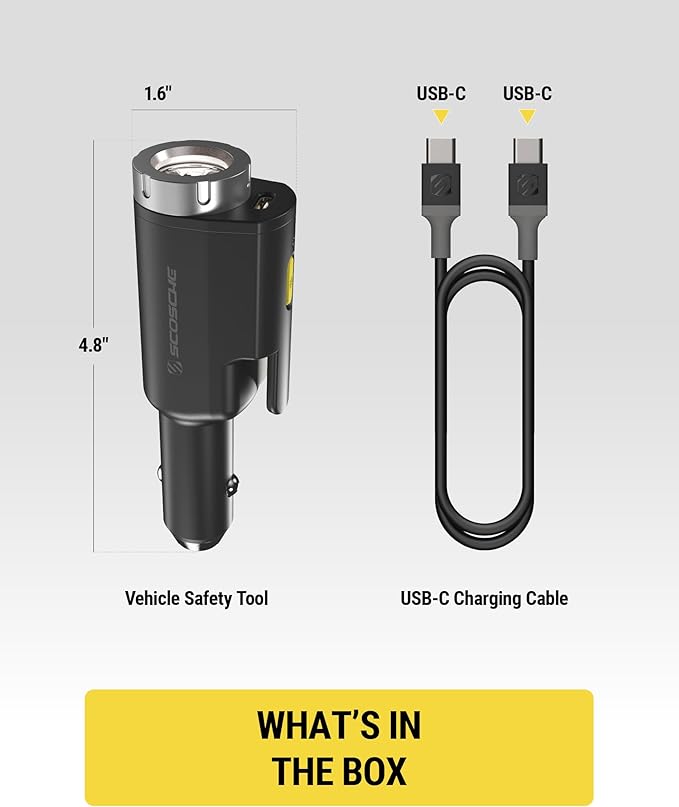 Scosche PB5N1 GoBat Pro 5-in-1 Vehicle Safety Kit, Emergency Car Escape Tool with Seatbelt Cutter, Glass Window Breaker, LED Flashlight, 12W USB-C Car Charger and Portable Power Bank