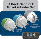 OREI Denmark Power Plug Adapter with 2 USA Inputs - Travel 3 Pack - 1 Type K & 2 Type E/F Safe Grounded Use with Cell Phones, Laptop, Camera Chargers, CPAP, and More